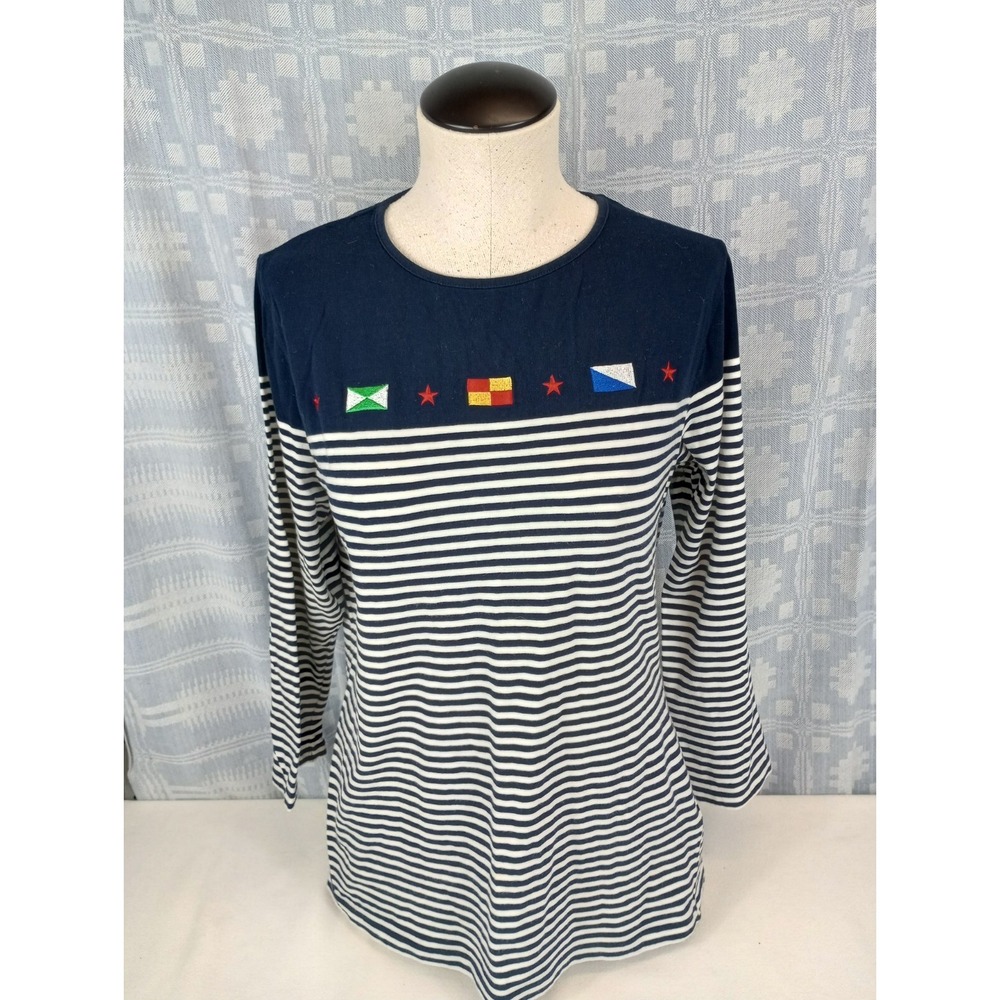 Norton Mcnaughton Womens Top Size Large Blue Striped Long Sleeve Shirt Embroider